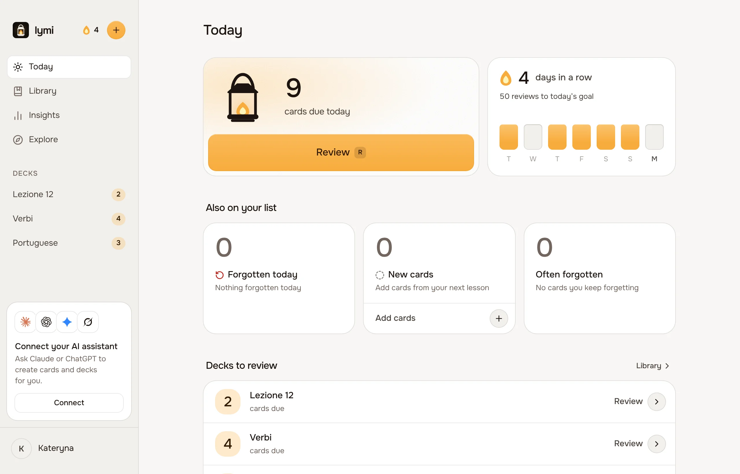 Today on a computer, with the cards due and a Review button, the streak beside them and three rounds below.